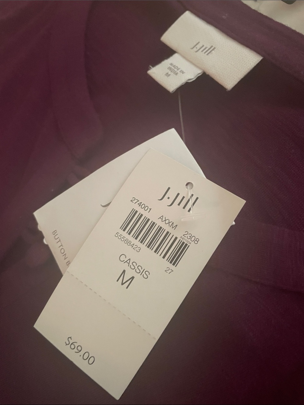 J. Jill Beautiful Deep Plum Henley Style Button-Front Shirred Yoke Cuff Top - Picture 6 of 6